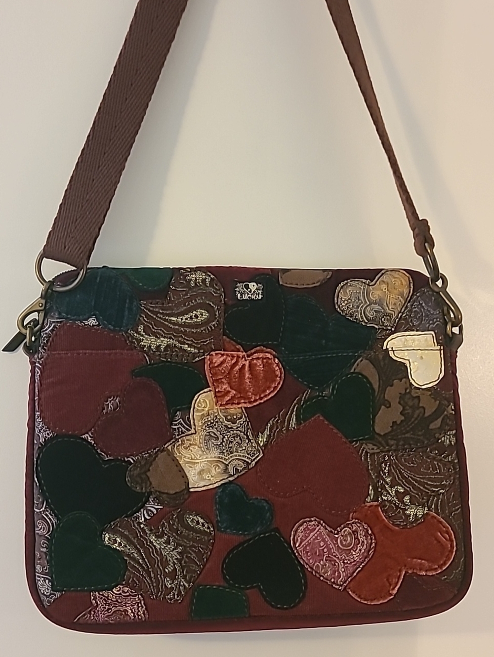 Vtg Y2K Lucky Brand Patchwork Heart Crossbody Boho Velvet Corduroy Laptop Tote